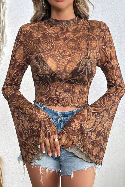 Printed Mock Neck Flare Sleeve Top back view — Livostyle