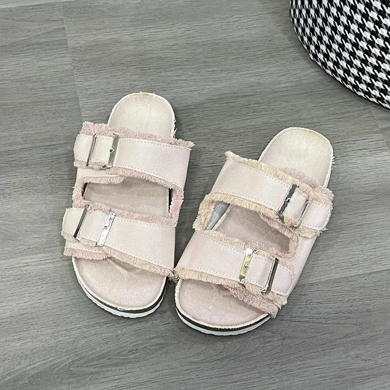 Raw Hem Open Toe Double Buckle Sandals closeup — Livostyle