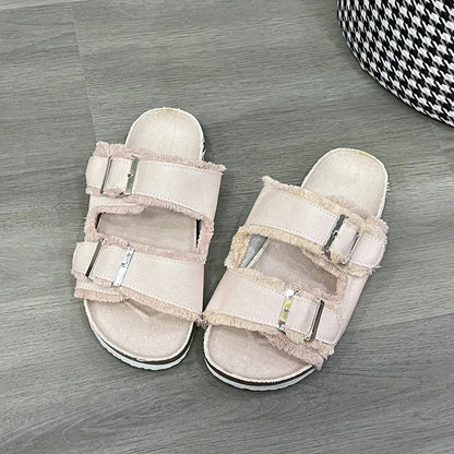 Raw Hem Open Toe Double Buckle Sandals closeup — Livostyle