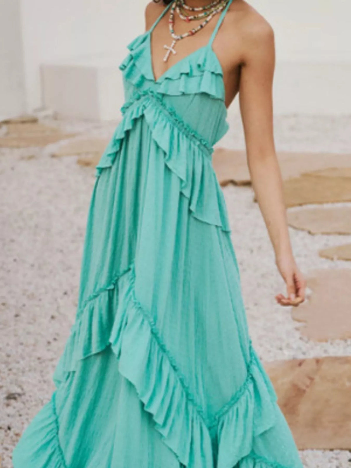 Ruffled Halter Neck Tie Maxi Dress in Turquoise