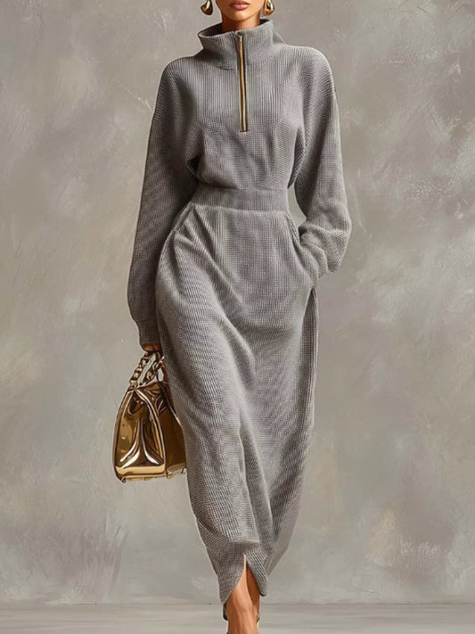 Waffle Knit Quarter-Zip Midi Dress with Pockets in Grey