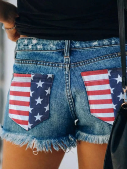 US Flag Distressed Denim Shorts with Frayed Hem back view — Livostyle