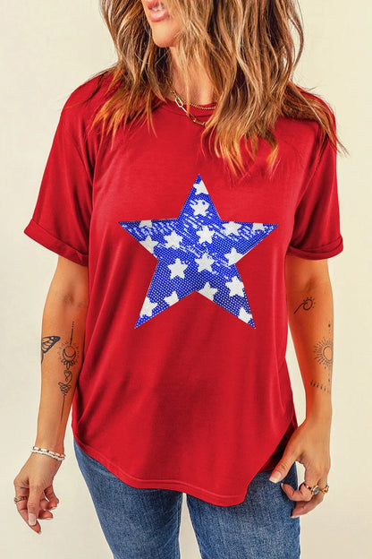 Sequin Star Round Neck Short Sleeve T-Shirt — Livostyle