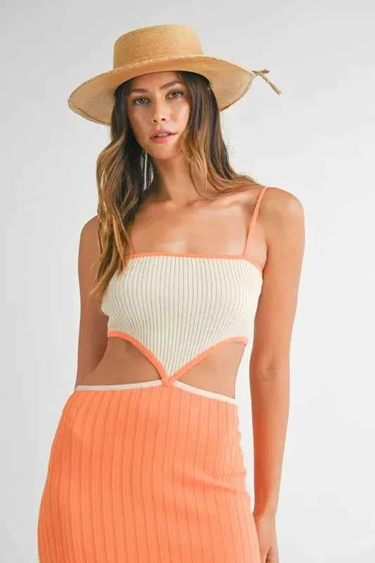 MABLE Ribbed Knit Color Block Cutout Midi Dress