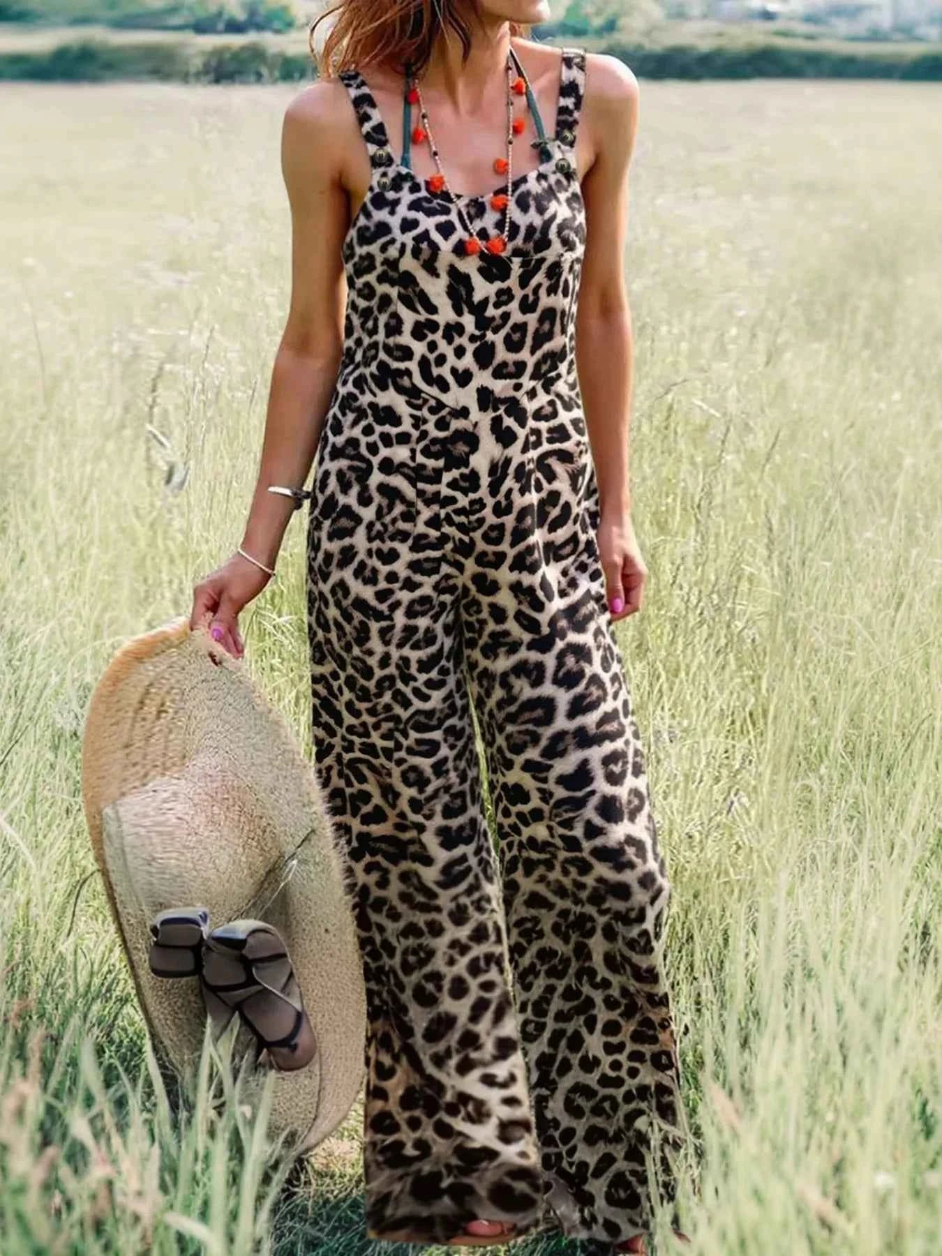 Plus Size Leopard Print Wide Leg Casual Overalls