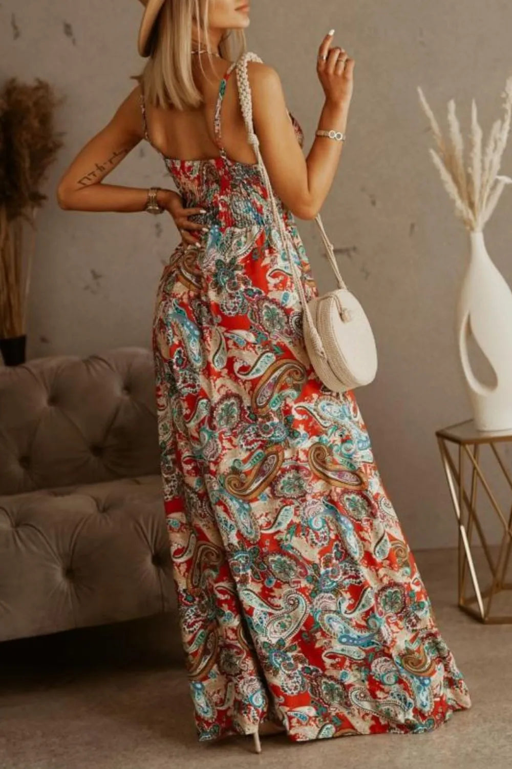 Printed Smocked Ruched Spaghetti Strap Maxi Dress – photo 16