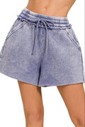 Acid Wash Fleece Drawstring Shorts With Pockets in Marlin — Livostyle