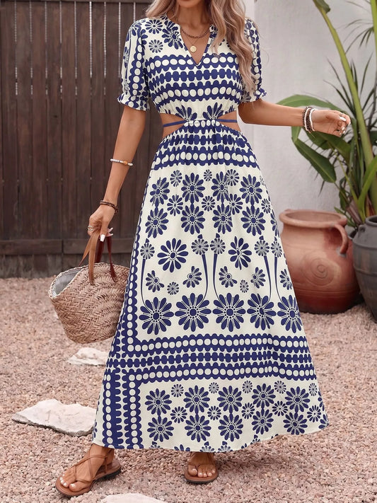 Floral Print Cutout Waist Maxi Dress with Slit in Navy Blue