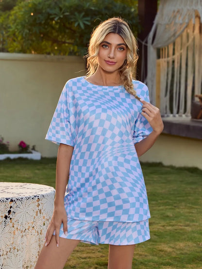Plaid Round Neck Top and Shorts Lounge Set — Livostyle