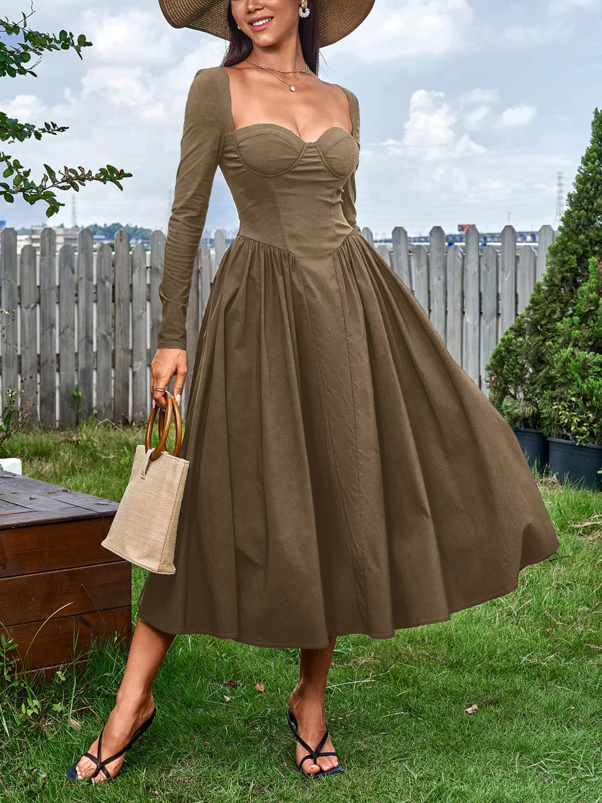 Sweetheart Neckline Long Sleeve A-Line Midi Dress – photo 7