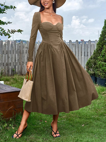 Sweetheart Neckline Long Sleeve A-Line Midi Dress – photo 7