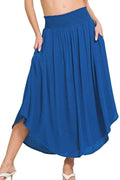 Classic Blue Woven Crinkle Smocked Waist Maxi Skirt W Pockets