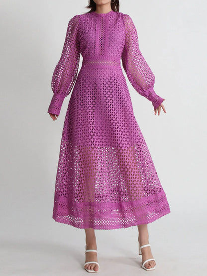 Lace Cutout Long Sleeve Midi Dress in Purple