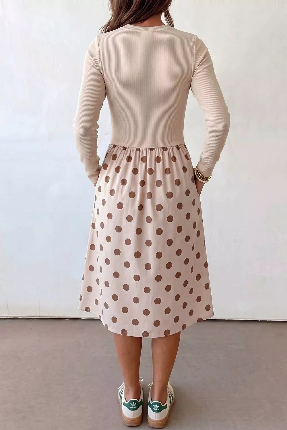 Ribbed Polka Dot Long Sleeve Midi Dress with Pockets – photo 2
