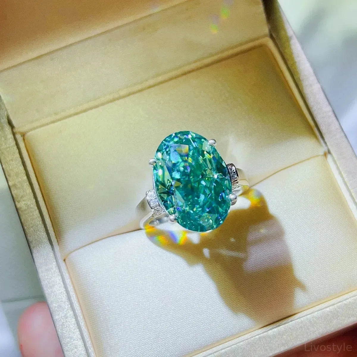 5 Carat Moissanite 925 Sterling Silver Ring — Oval-Cut Green — square view — Livostyle