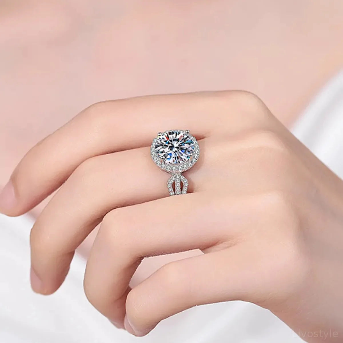 5 Carat Moissanite 925 Sterling Silver Ring — Round Halo Pro — square view — Livostyle