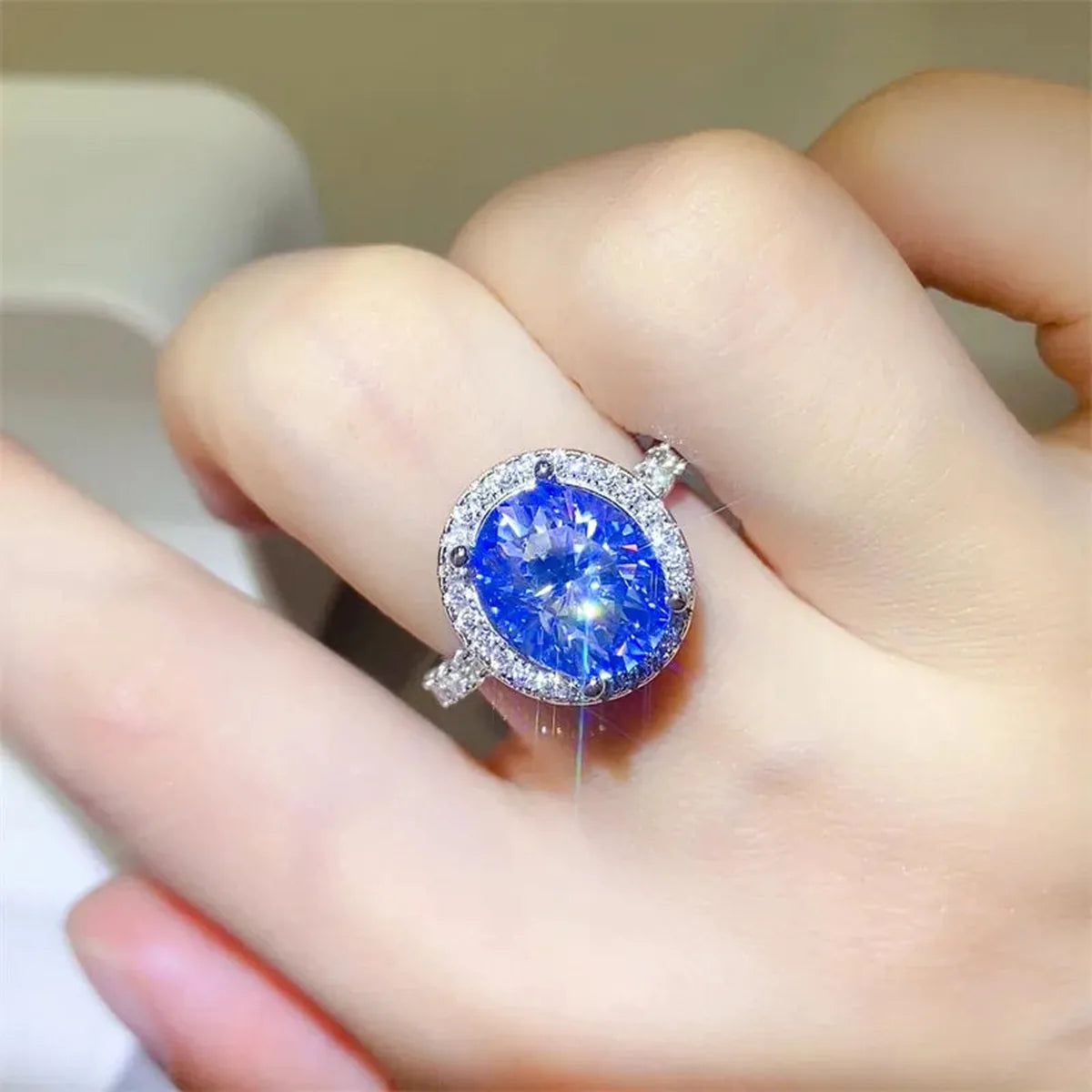 5 Carat Moissanite 925 Sterling Silver Ring — Oval Blue Halo — square view — Livostyle