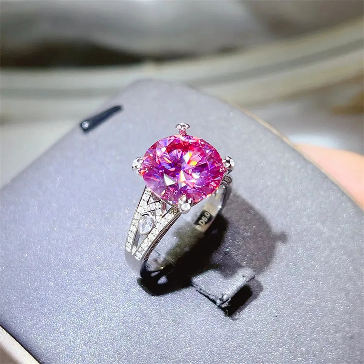 5 Carat Moissanite 925 Sterling Silver Ring — Pink Pavé — square view — Livostyle