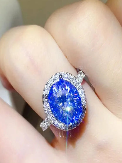 5 Carat Moissanite 925 Sterling Silver Ring — Oval Blue Halo — detail view — Livostyle