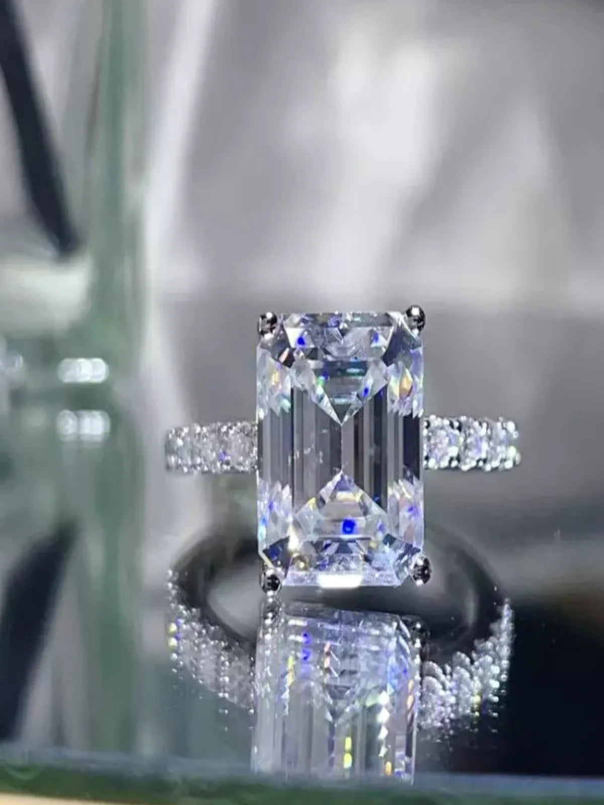 5 Carat Moissanite 925 Sterling Silver Ring — Emerald-Cut Pa — detail view — Livostyle