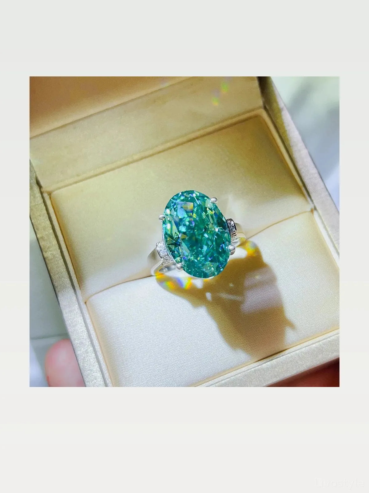 5 Carat Moissanite 925 Sterling Silver Ring — Oval-Cut Green — styled showcase — Livostyle