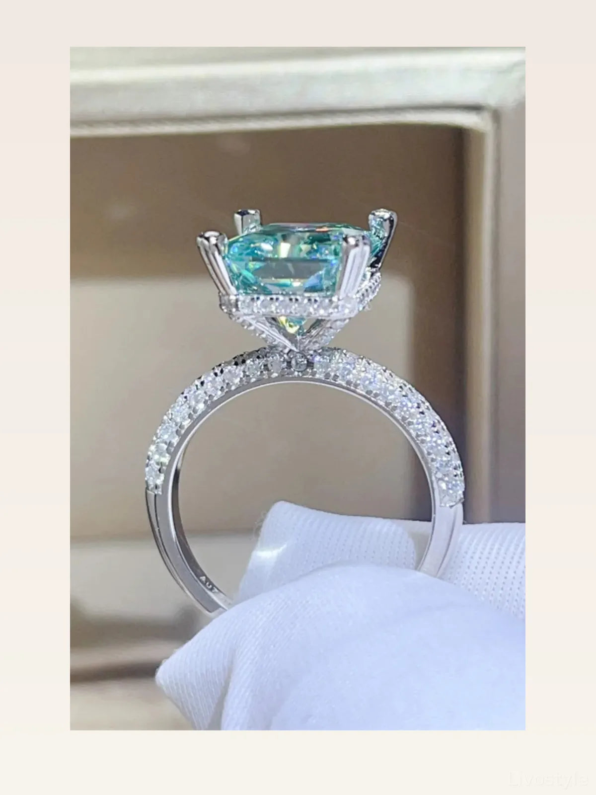 5 Carat Moissanite 925 Sterling Silver Ring — Mint Green Pav — styled showcase — Livostyle