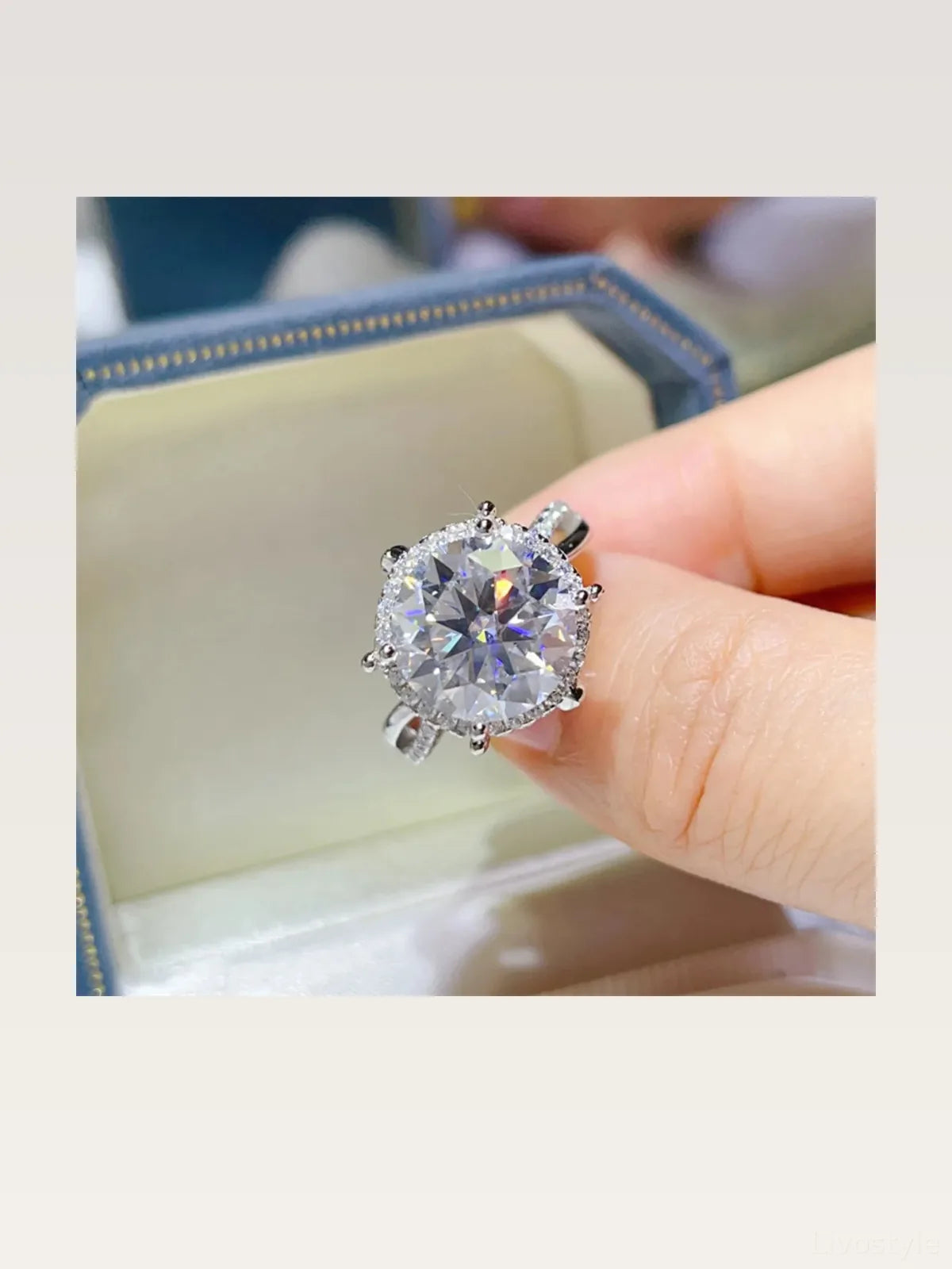 5 Carat Round Cut Moissanite Engagement Ring — styled showcase — Livostyle