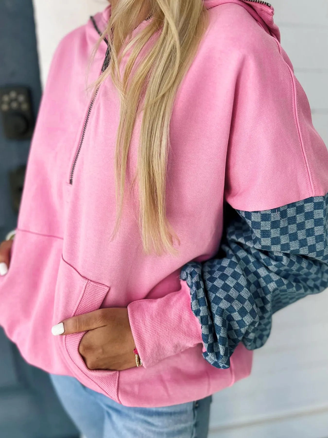 Half Zip Checkered Sleeve Hoodie back view — Livostyle