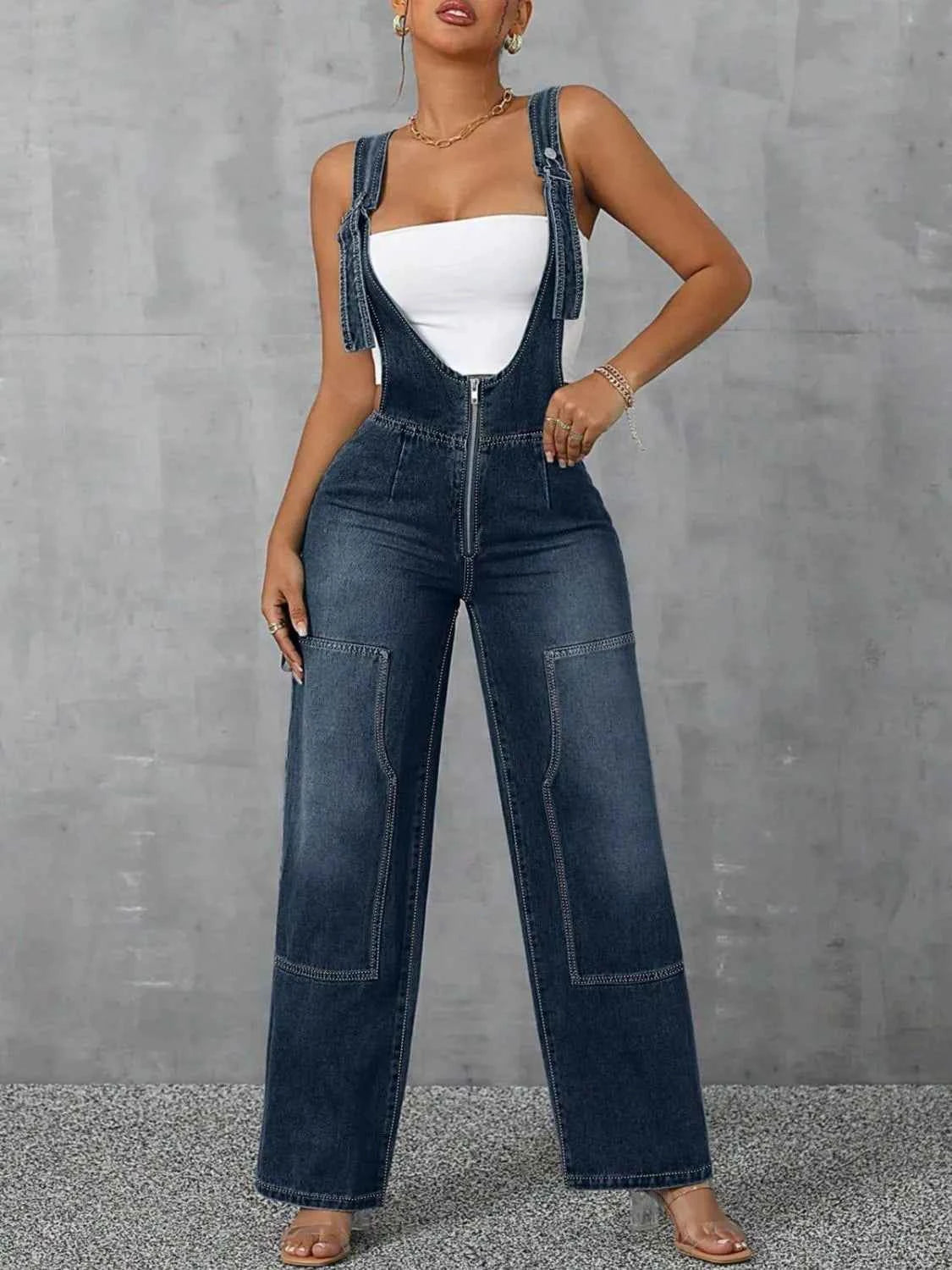 Zip Front Wide Strap Denim Overalls