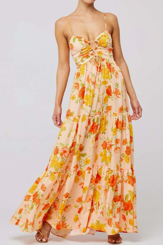 Floral Print Tie Front Cutout Tiered Maxi Dress in Sherbet