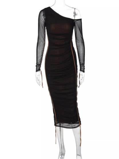 One-Shoulder Ruched Bodycon Midi Dress