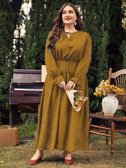 Ruffled Polka Dot Long Sleeve Midi Dress – Plus Size in Olive