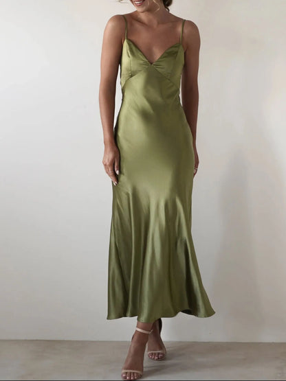 Satin Backless Cami Dress in Olive