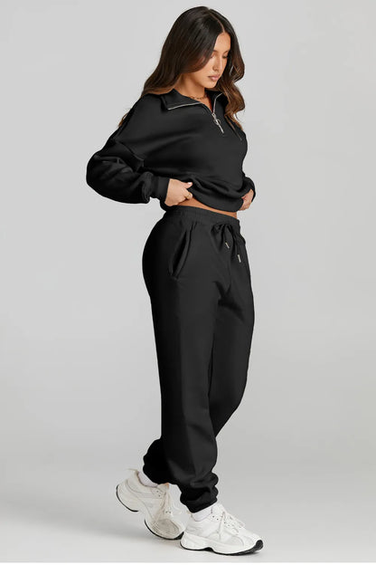 Quarter Zip Top and Drawstring Pants Active Set in Black
