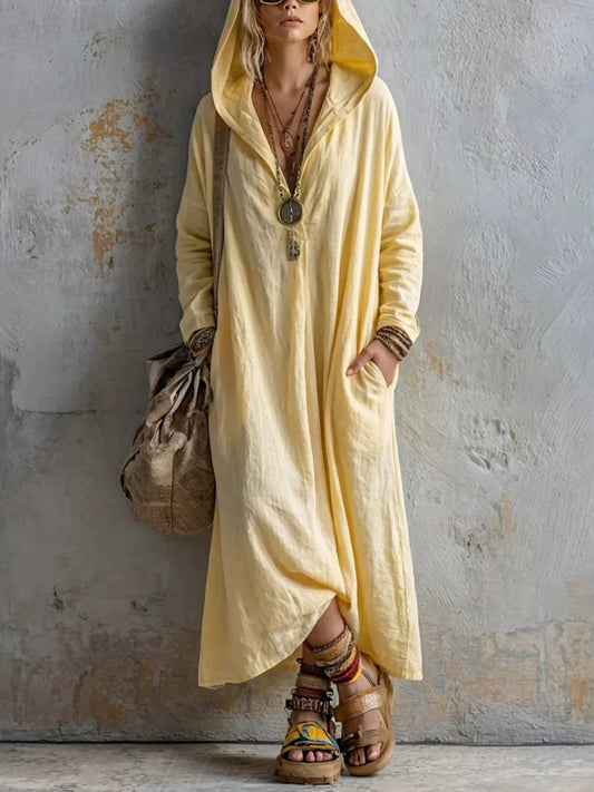 Hooded Long Sleeve Midi Dress with Pockets in Yellow