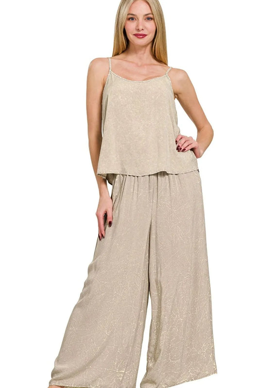 Woven Acid Crinkle Washed Cami & Pants 2 Piece Set in ASH MOCHA
