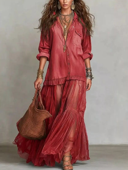 Long Sleeve Sheer Ruffle Maxi Dress in Cerise