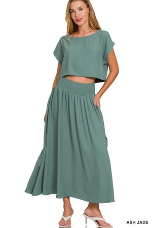 Boat Neck Crop Tee and Smocked Waist Maxi Skirt Set in Ash Jade