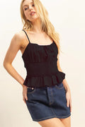 Poplin Cami Top with Smocked Waist and Tie Straps in Black