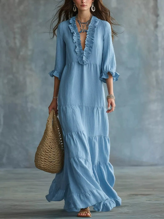 Ruffled V-Neck Tiered Ruched Maxi Dress in Sky Blue