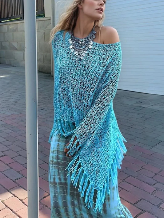 Tassel Boat Neck Knit Shawl detail — Livostyle