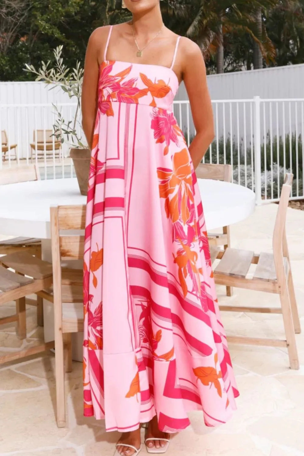 Printed Square Neck Cami Maxi Dress with Slit and Tie – photo 17