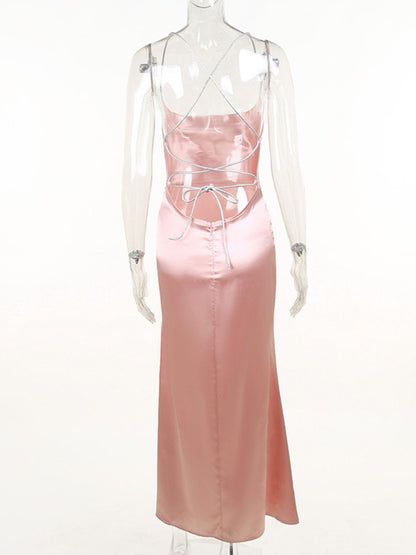 Slinky Satin Cowl Neck High-Slit Dress with Lace-Up Back – photo 10