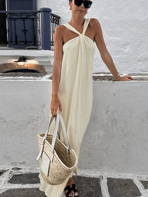 Halter Neck Flowy Maxi Dress in Beige