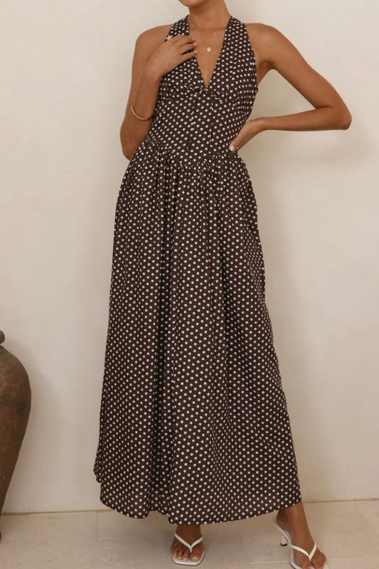 Backless Polka Dot Halter Neck Maxi Dress in Dark Brown