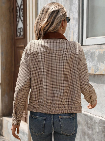 Plaid Zip Up Long Sleeve Jacket closeup — Livostyle