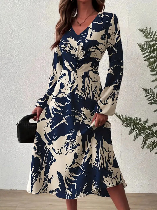 Printed Long Sleeve Midi Dress in Indigo
