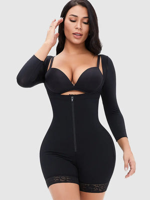 Zip-Up Lace Trim Long Sleeve Shapewear Bodysuit Top in Black