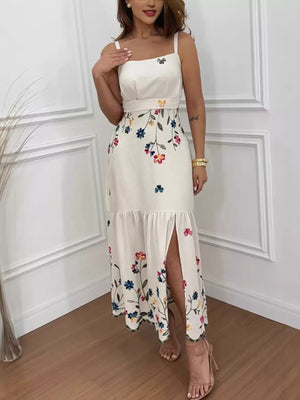 Floral Print Cutout Back Slit Hem Midi Dress in Beige