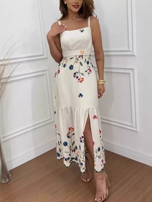 Floral Print Cutout Back Slit Hem Midi Dress in Beige